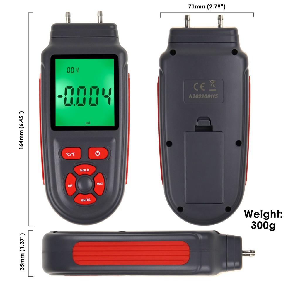 6.45" Dual Differential Gas Pressure Tester Manometer with Data Storage Function