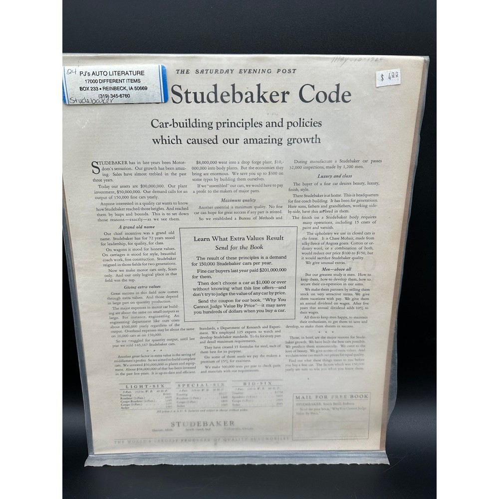 1924 Studebaker Code Vintage Ad Saturday Evening Post Light Special Big Six