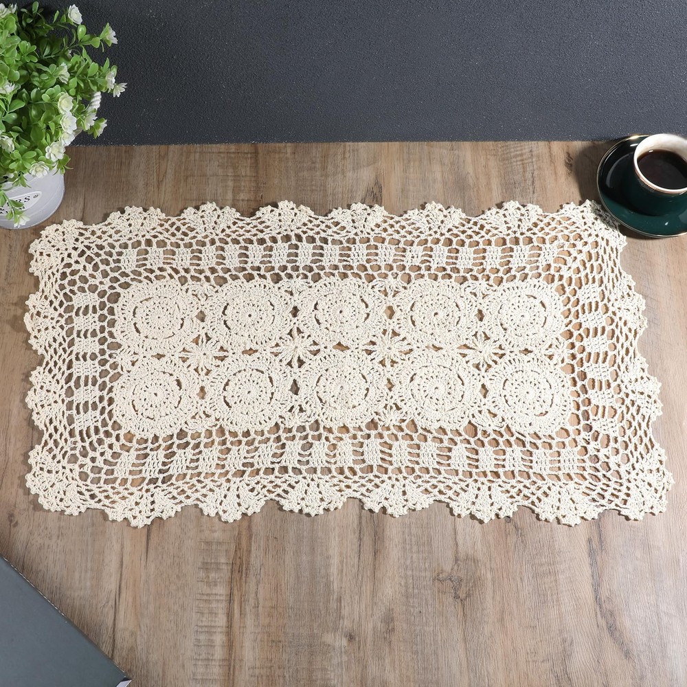 Lace Table Runner 15x28 Inch Rectangular Cotton Handmade Crochet Lace Table R...
