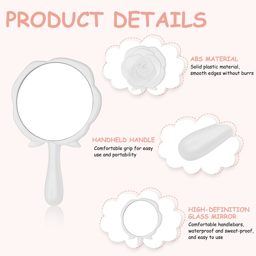 2 Pcs Rose Shape Handheld Mirror, 5" Travel Makeup Mirror, White