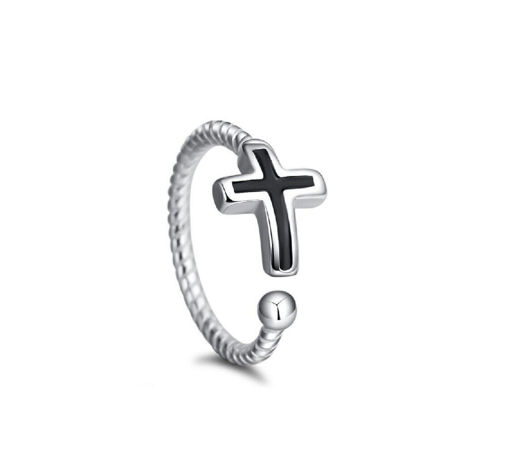 Faith Black Cross Silver SP Adjustable Cable Band Ring