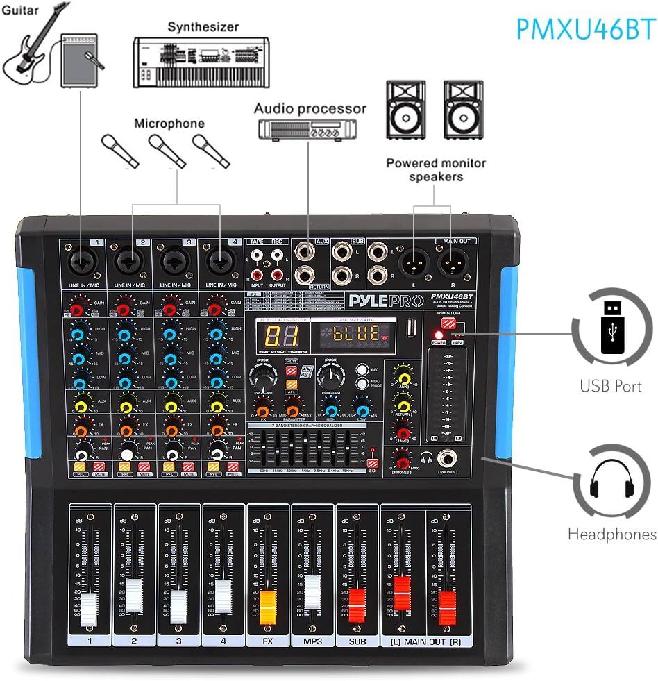 Pyle 4-Channel Bluetooth Studio Audio Mixer-DJ Sound Controller Interface with