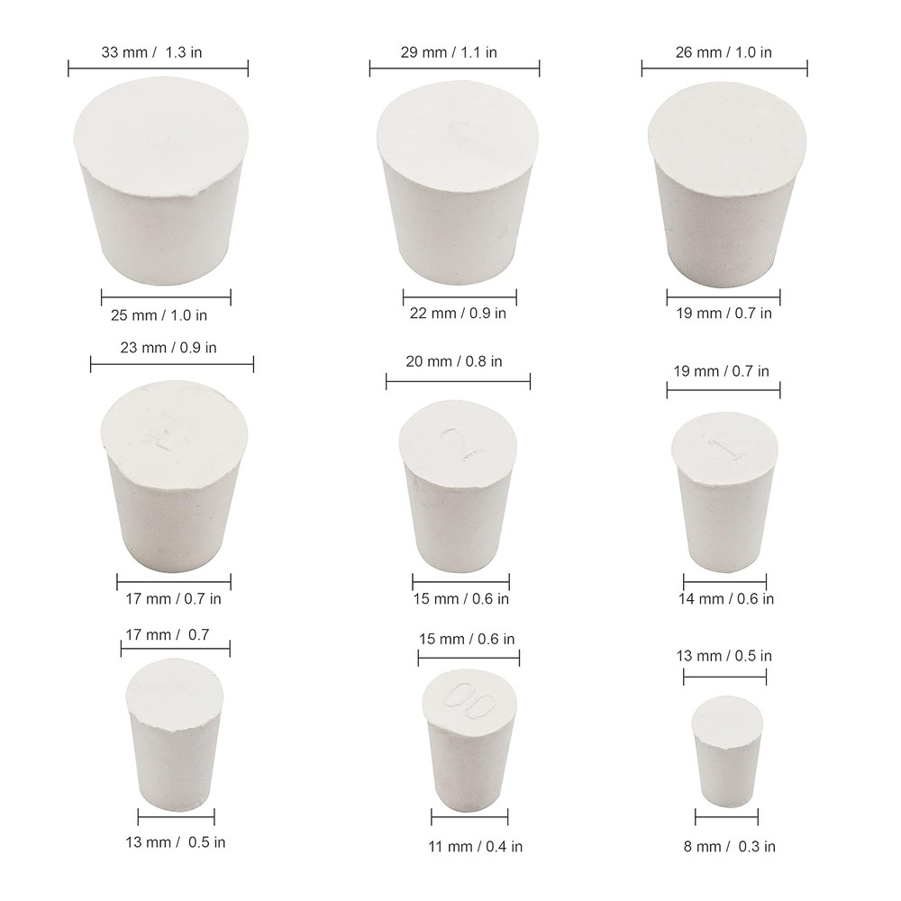 32 PCS (9 Assorted Sizes) Solid Rubber Stoppers, White Lab Plugs, Tapered Shaped