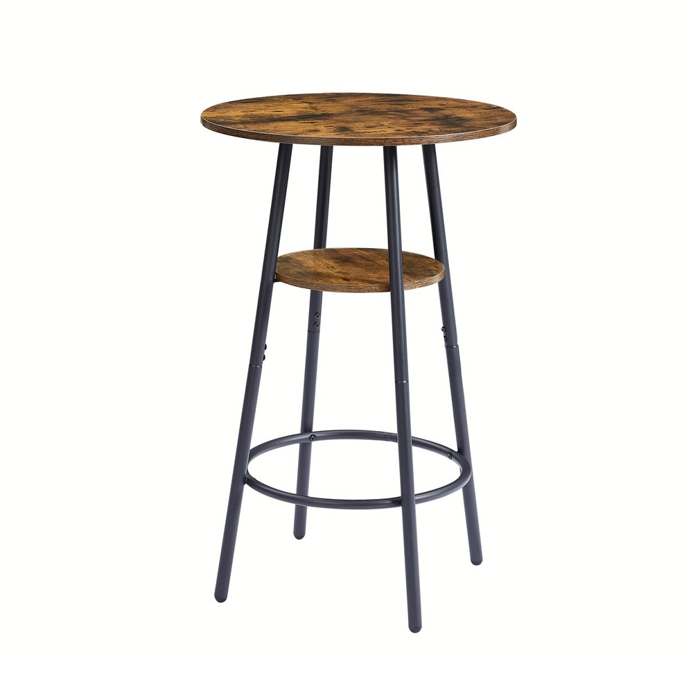 Rustic Brown Upholstered Round Bar Stools - With Shelf