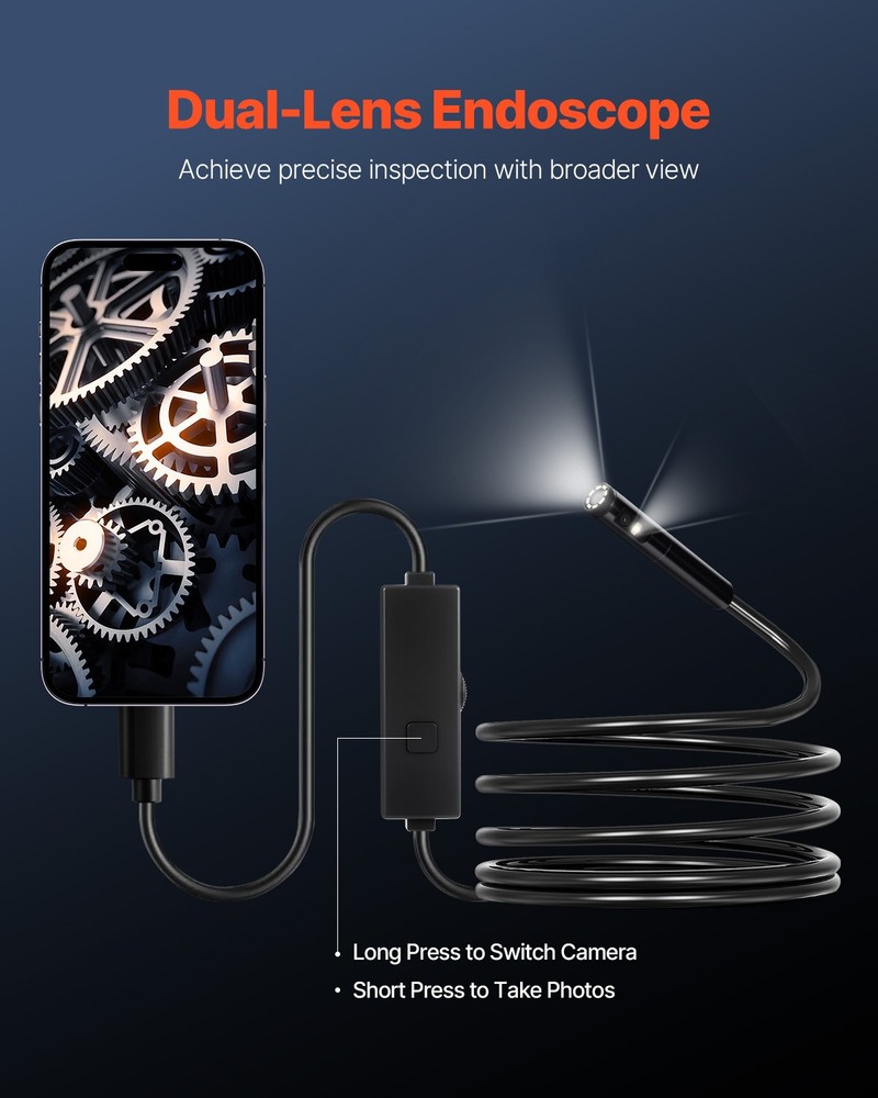 VEVOR Dual Lens Borescope Endoscope Camera for Android IOS & 10FT Snake Cable