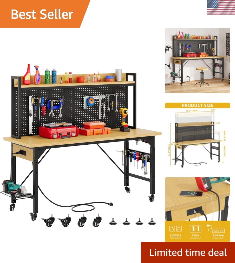Sturdy 60" Adjustable Workbench with Hooks & Pegboard for Garage, Office & Home