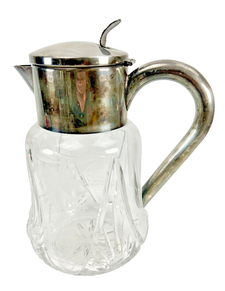 ASCI Germany Crystal & Silverplate 10-3/8" Cut & Etched Pitcher - Nice!