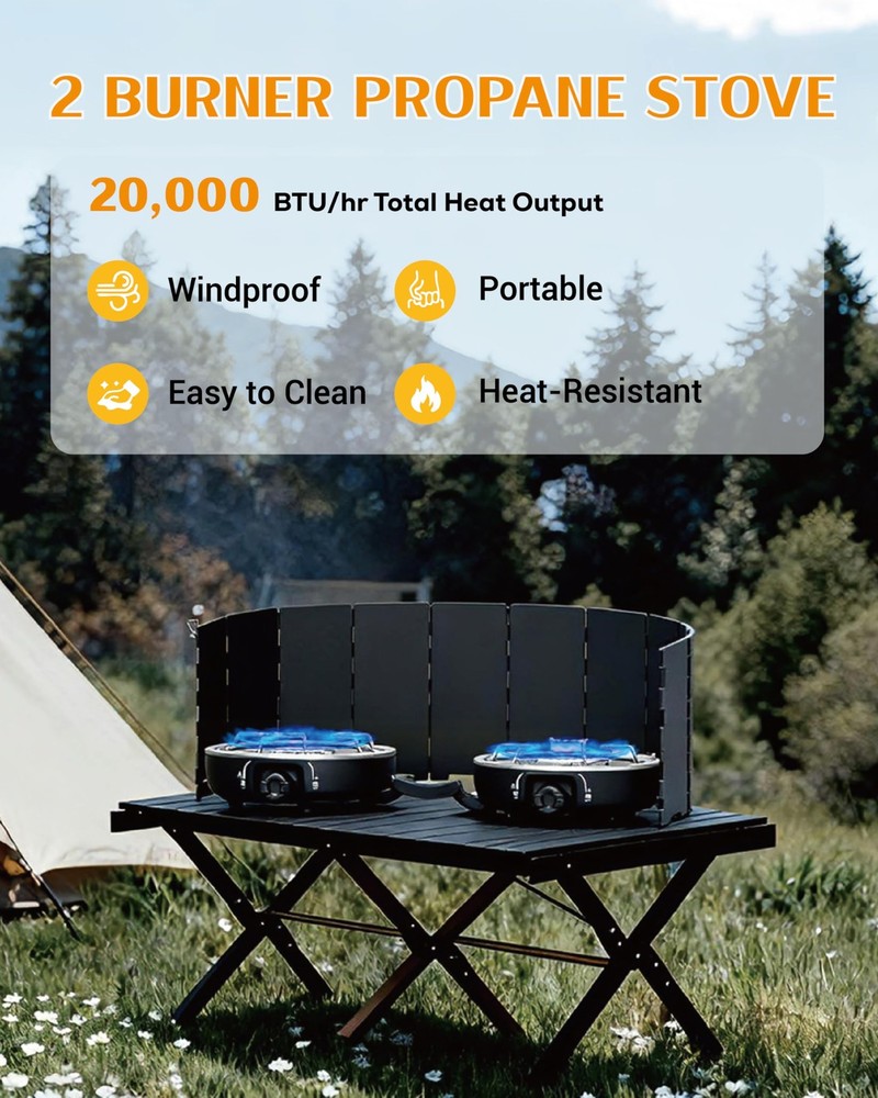 Propane 2-Burner Camping Stove with Windscreen, Portable& Foldable Camping St...