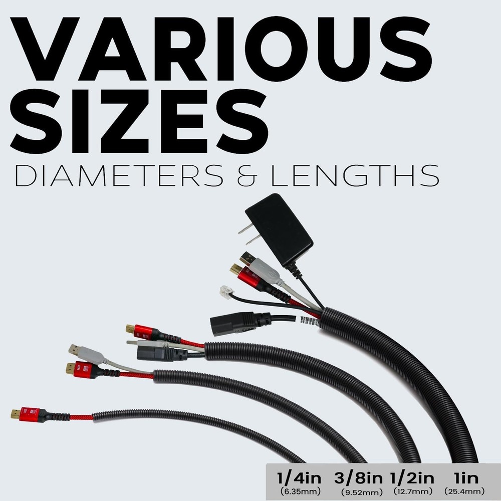 3-Pack (1/4", 3/8", 1/2" x 20 ft Each) Assorted Split Wire Loom Black