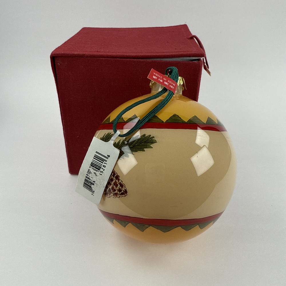 Christmas Ornament Ball Reverse Hand Painted Pine Cones Large With Box