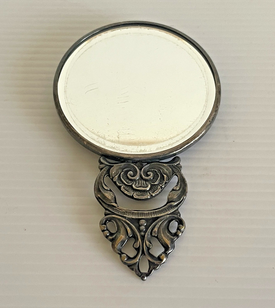 Hand Mirror Colonial Tavern Scene Silver Plated