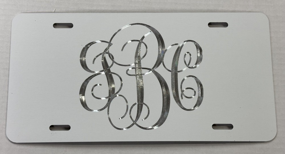 Engraved Custom Personalized Monogram Diamond Etched White License Plate Car Tag
