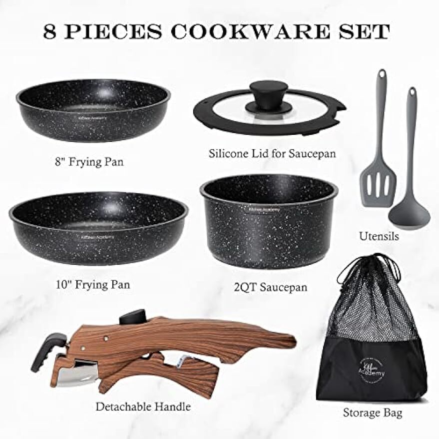10 Pcs Non Stick Cookware Sets Pots Pans Removable Handle Stackable Cooking New