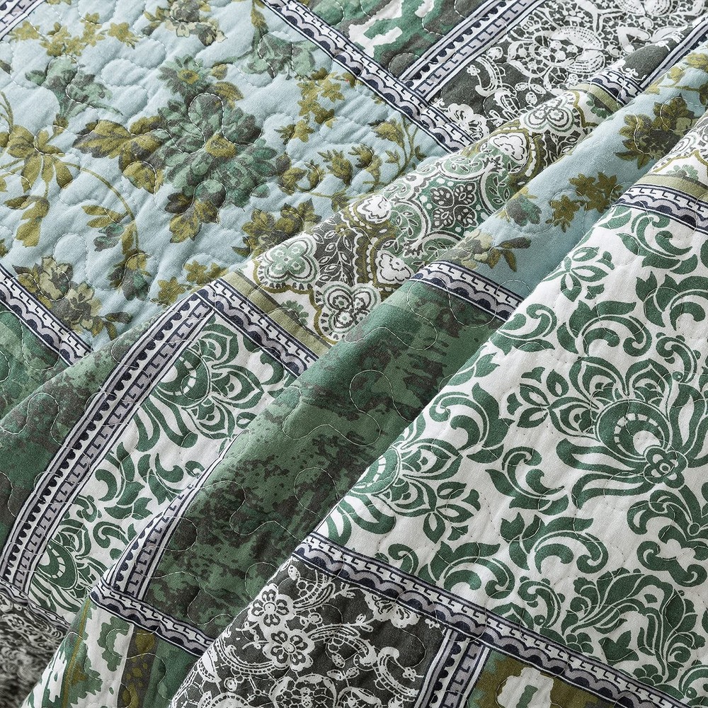 NEWLAKE Cotton Bedspread Quilt Sets-Reversible Patchwork Coverlet Set, Green ...
