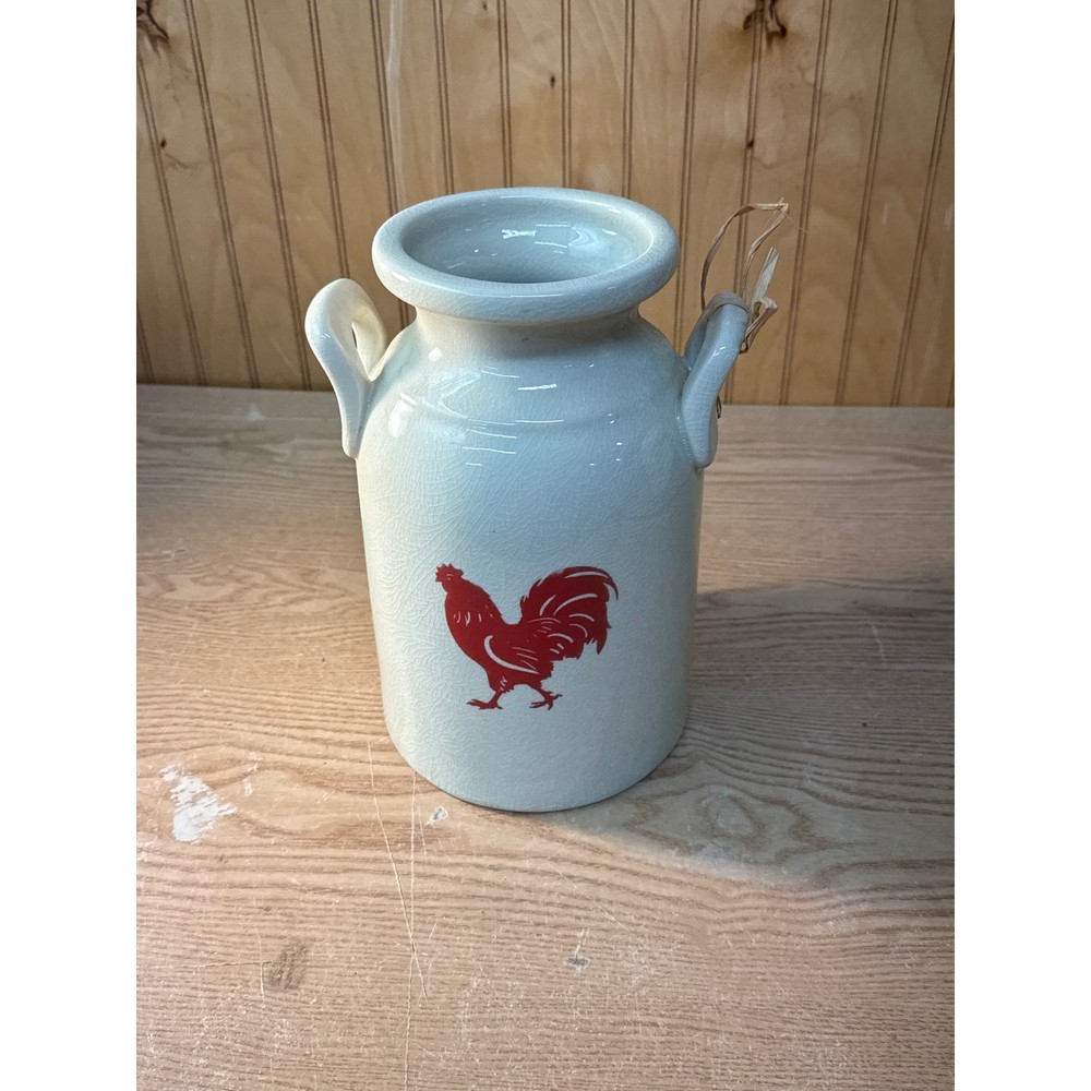 Vintage Red Hen White Vase with Handle Home Decor