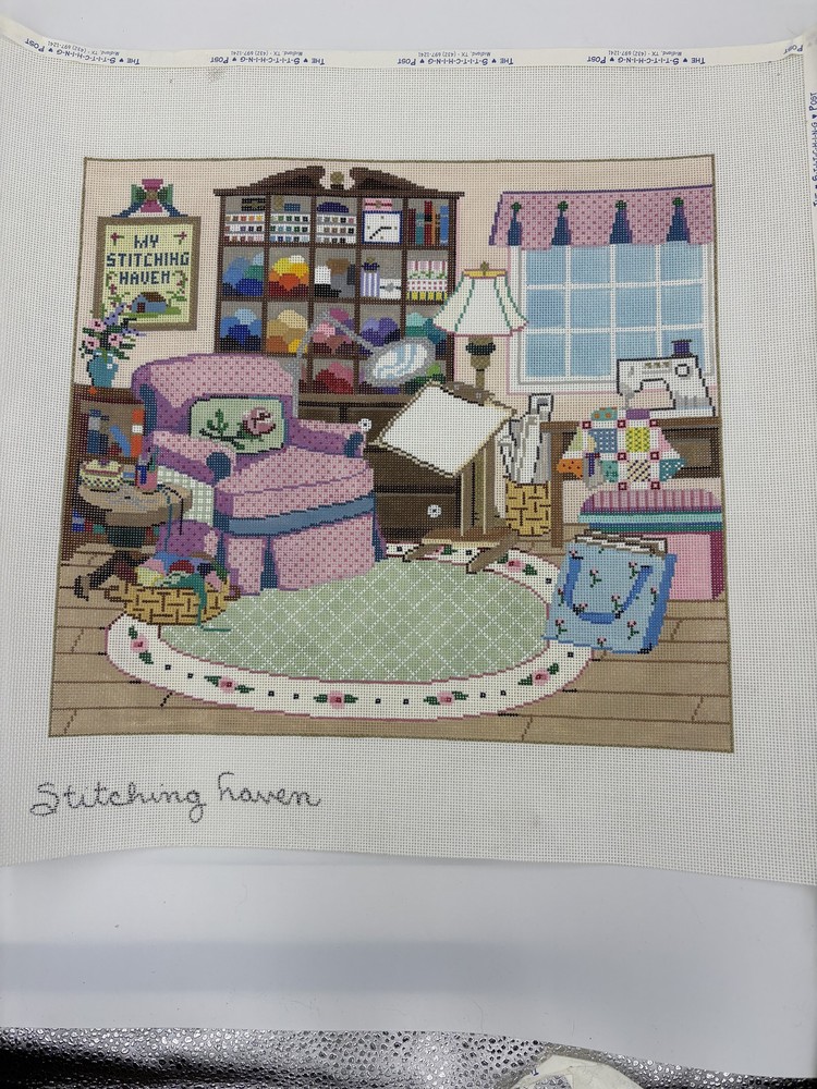 Stitching Haven by Sandra Gilmore hand painted needlepoint canvas