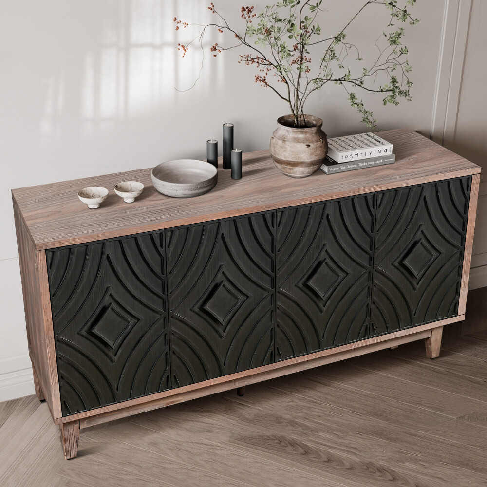 60"Kitchen Storage Cabinet with 4 Convex Pattern Diamond Doors and 2 Shelves