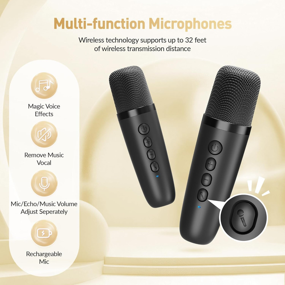 Mini Karaoke Machine, Portable Bluetooth Karaoke Speaker with 2 Wireless Microph