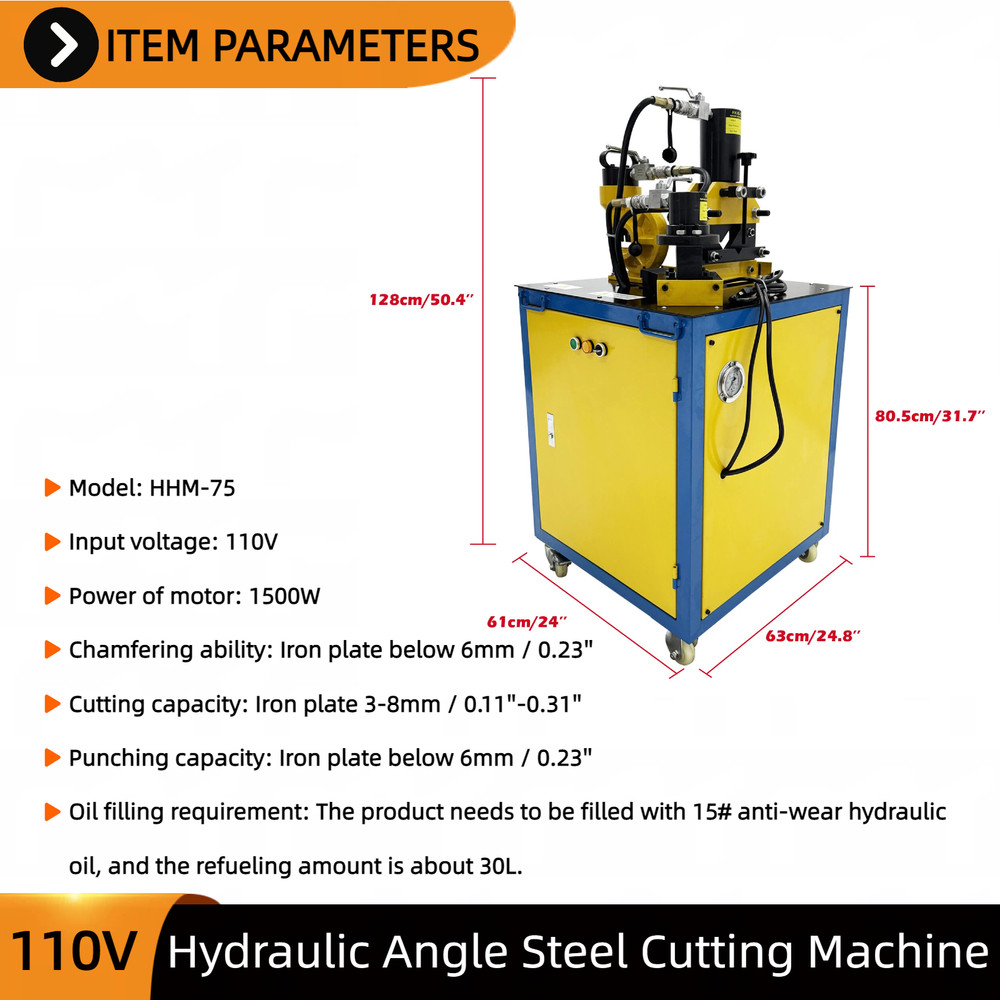 Electric Hydraulic 3-in-1 Angle Iron Processor Punching/Chamfering/Cutting 110V