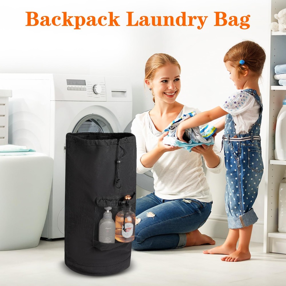 Canvas backpack laundry bag, laundry backpack with shoulder straps and mesh p...