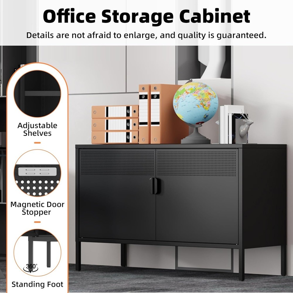 Cofar Black Storage Cabinet Steel Frame,Sideboard With 2 Doors,Adjustable Shelf