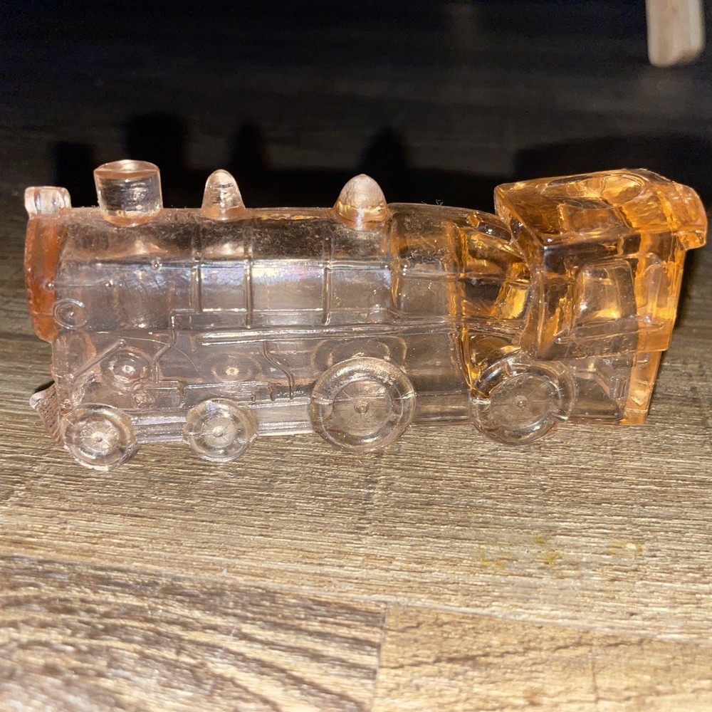 Vintage  Pink Depression glass Train Engine candy container 5" long