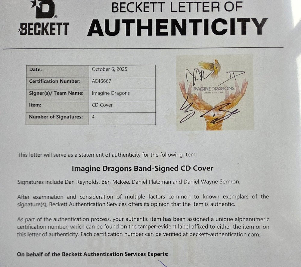 IMAGINE DRAGONS AUTOGRAPHED CD DISPLAY BECKETT BAS LOA COA SIGNED PRESENT GIFT