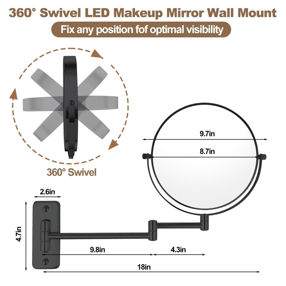 8” Wall Mounted Makeup Mirror with10X Magnification, Double Sided Shaving Mir...