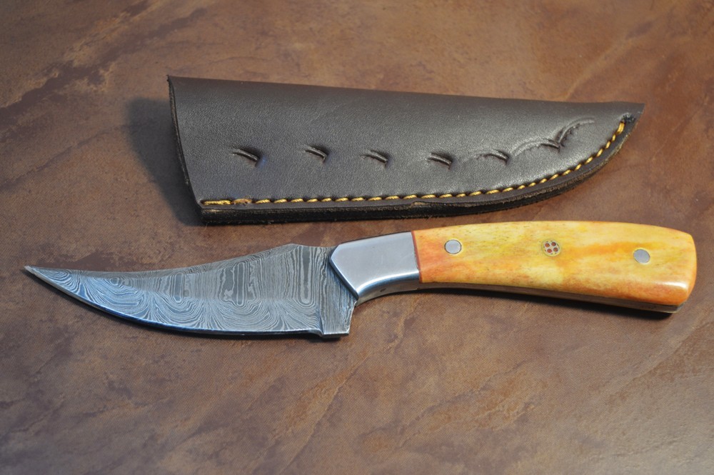 Custom Damascus Skinner Knife| Hunting & Colored Bone-Fixed Blade With Sheath