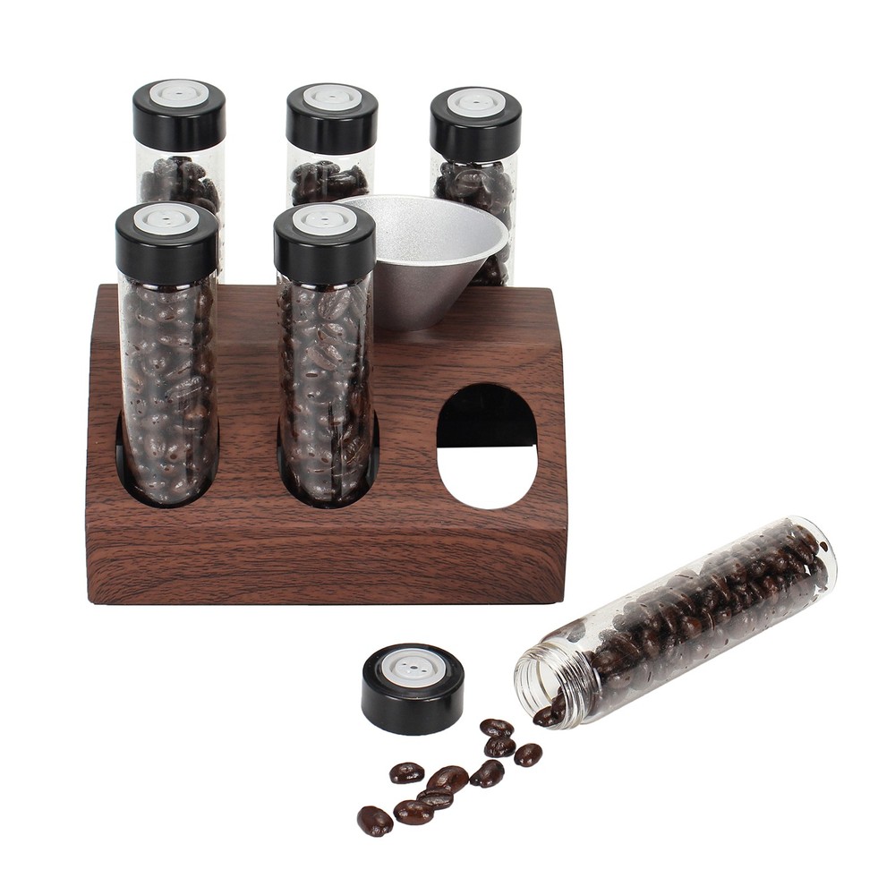 6 x Single Dose Coffee Bean Storage Tubes Containers Exhaust Valves Display Base