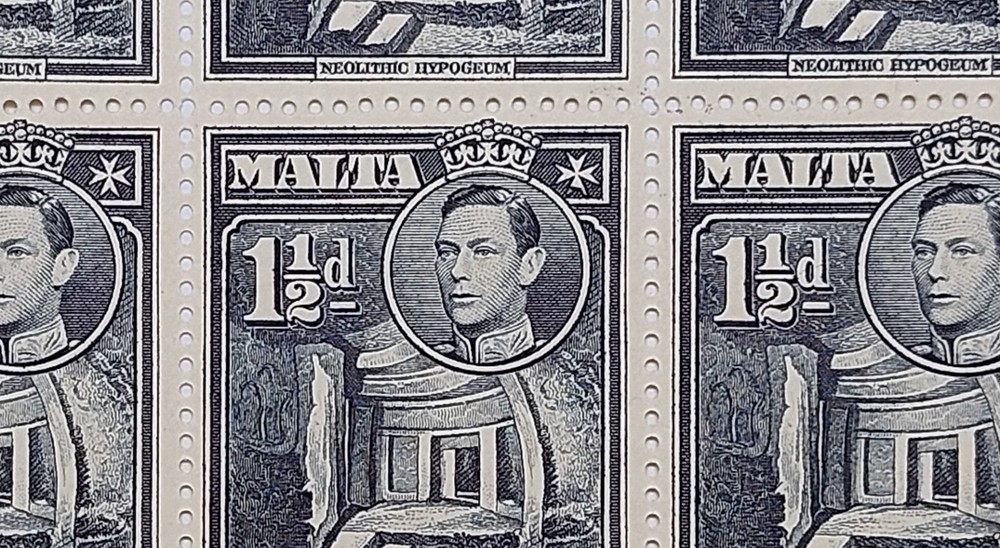 1938 Malta, 2d black KGVI Full sheet, "Extra Window" Variety/Error SG221ba