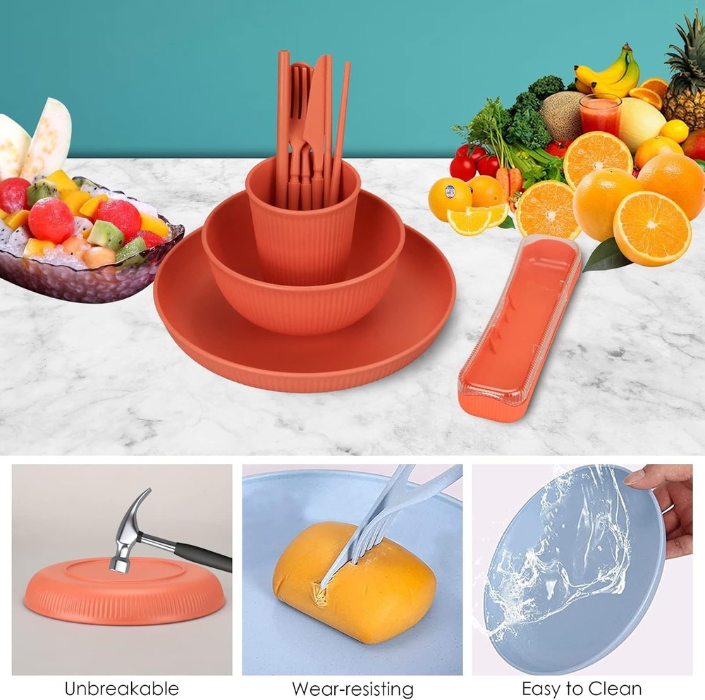 66 Pc MultiColor Plastic Dinnerware & Cutlery Set Microwave Safe