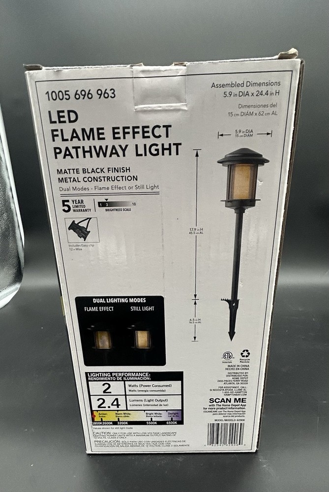 Hampton Bay Ambrose LED Path Light w/ Flicker Flame Effect - Matte Black Finish