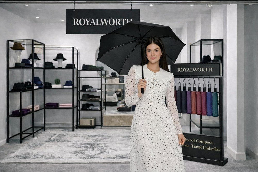 ROYALWORTH -Windproof Travel Umbrella - Compact, Light, Full Black