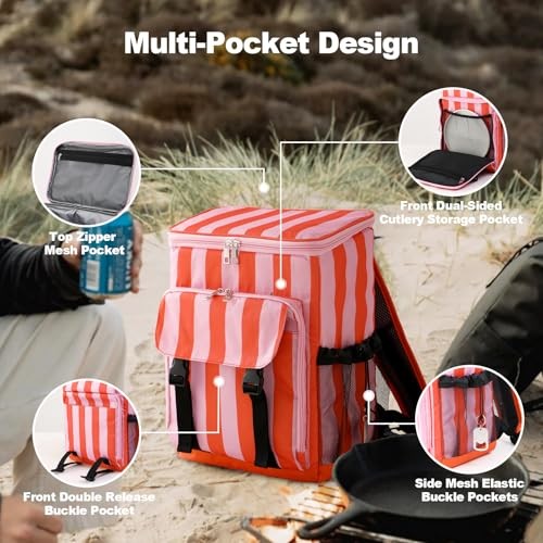 Cooler Backpack,Lightweight Backpack Cooler Insulated Orange and Pink Stripe
