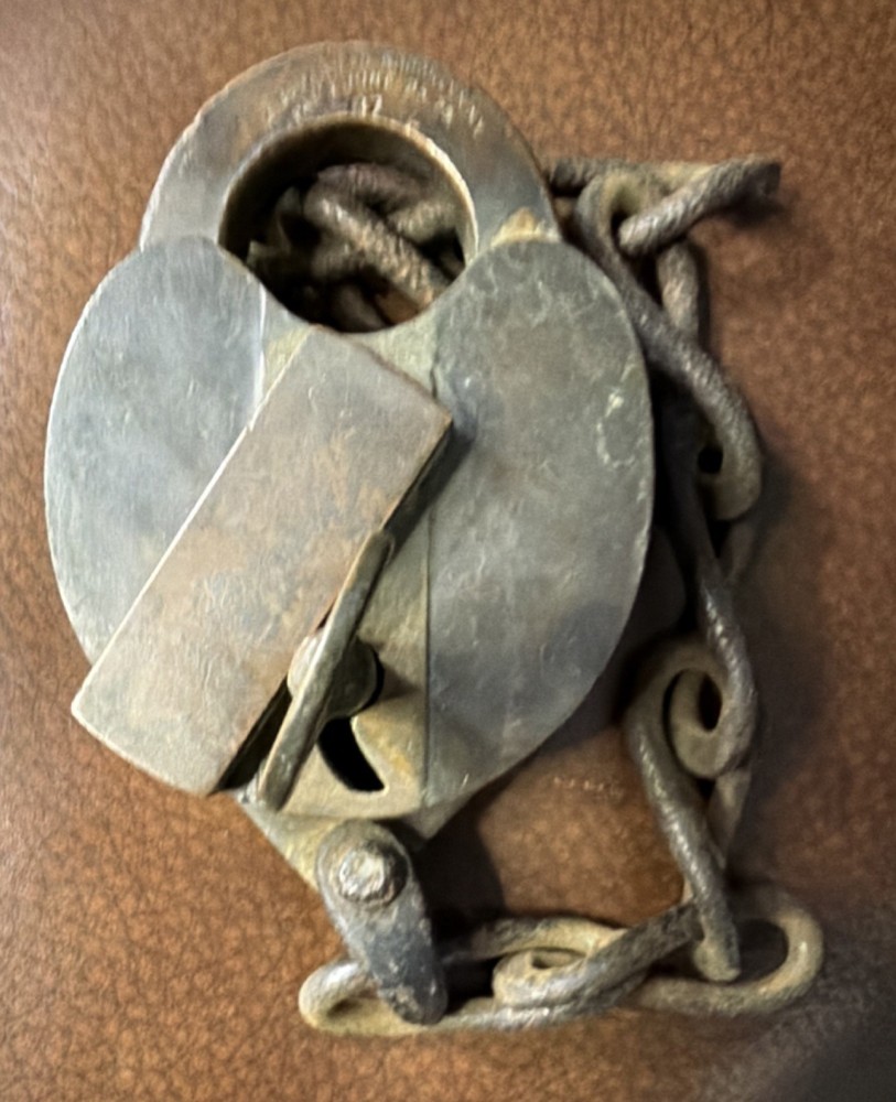 Antique Heart-Shaped Iron Padlock with Chain Working w/ key