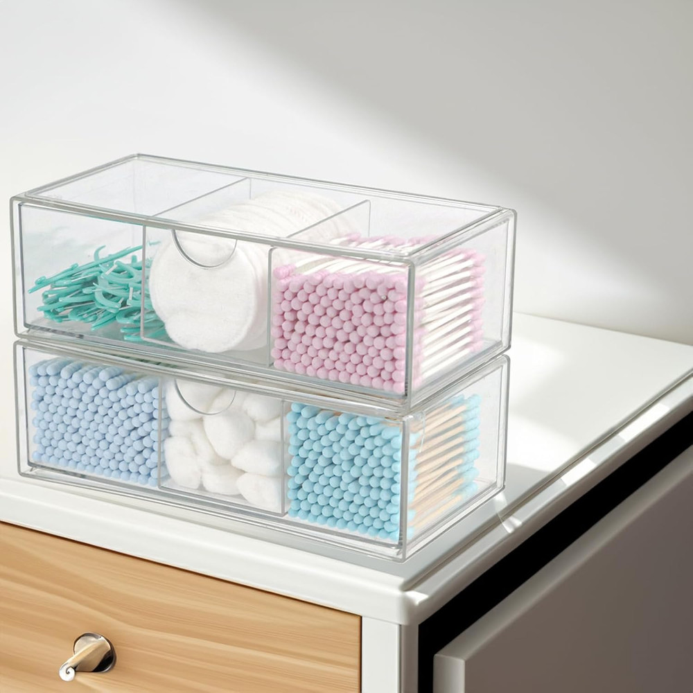 Set of 2 Stackable Storage Drawers - 7.8" Clear Plastic Drawer Storage, Acrylic