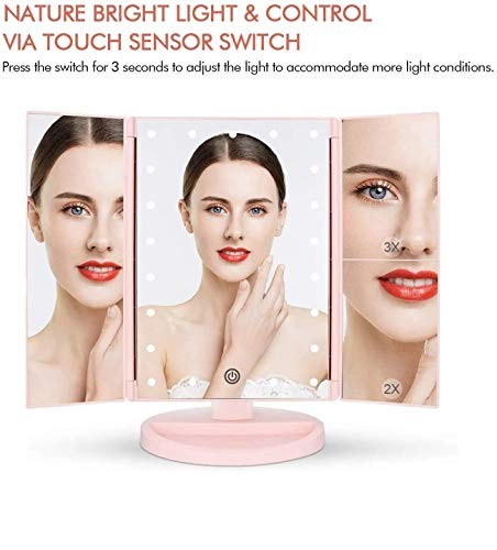 Tri-fold Lighted Vanity Makeup Mirror with 3x/2x Magnification,21 LED Pink