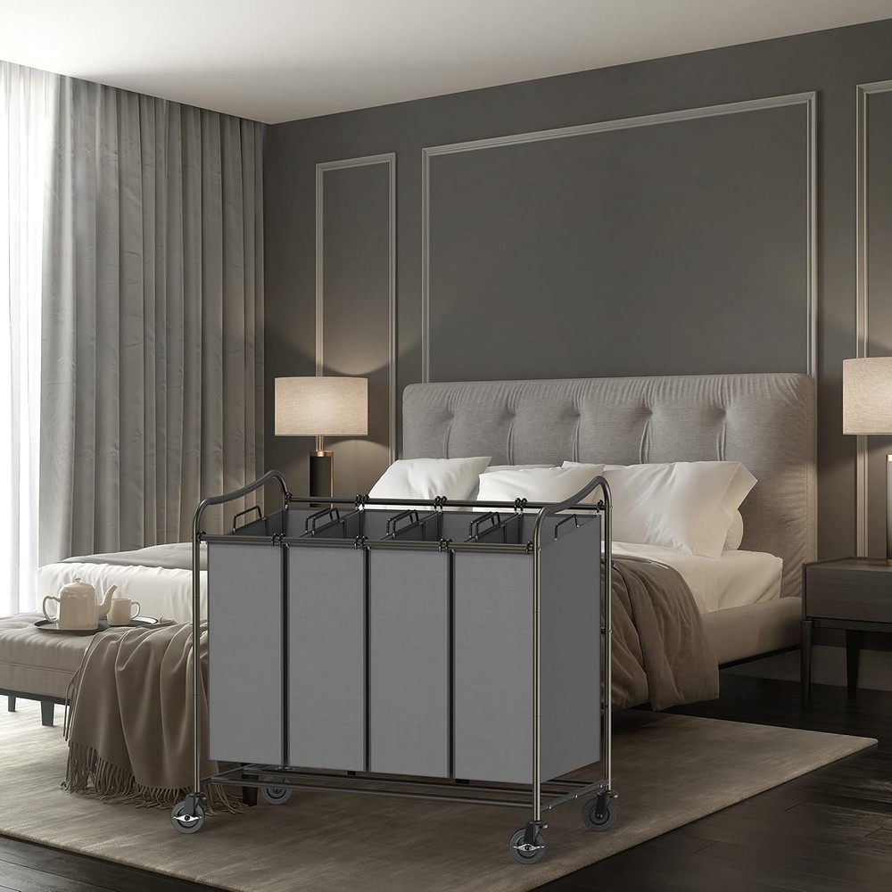 4-Bag Heavy Duty Laundry Sorter Rolling Cart Dark Grey