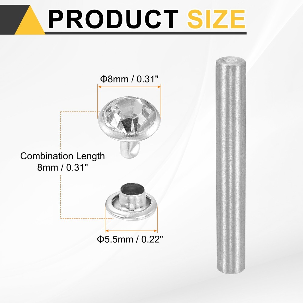 100pcs Crystal Rivets 8mm Rhinestone Stud with Installation Tool, Silver Clear