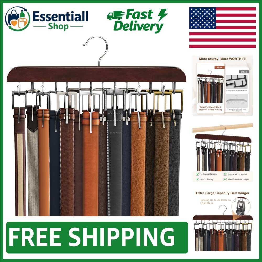 Compact Mahogany Belt Storage Solution with 14 Hooks – Elevate Your Closet Style