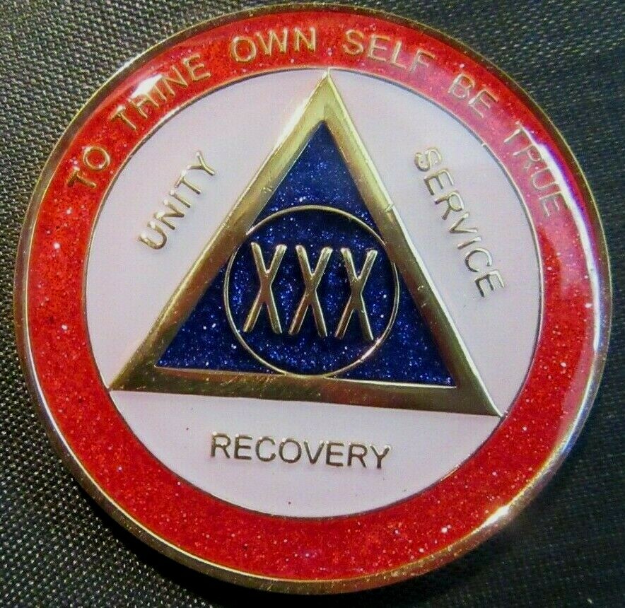 RED White BLUE SPARKLE Alcoholics Anonymous 30 Year AA Medallion Coin Token chip