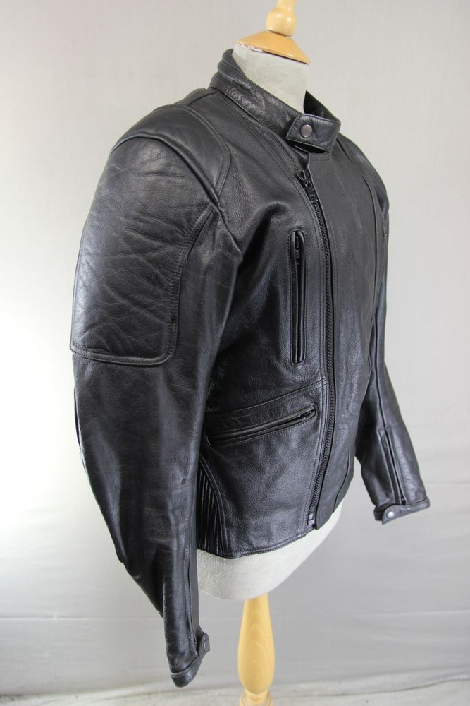 FRANK THOMAS BLACK LEATHER BIKER JACKET + BACK PROTECTOR & THERMAL LINING 36-38"
