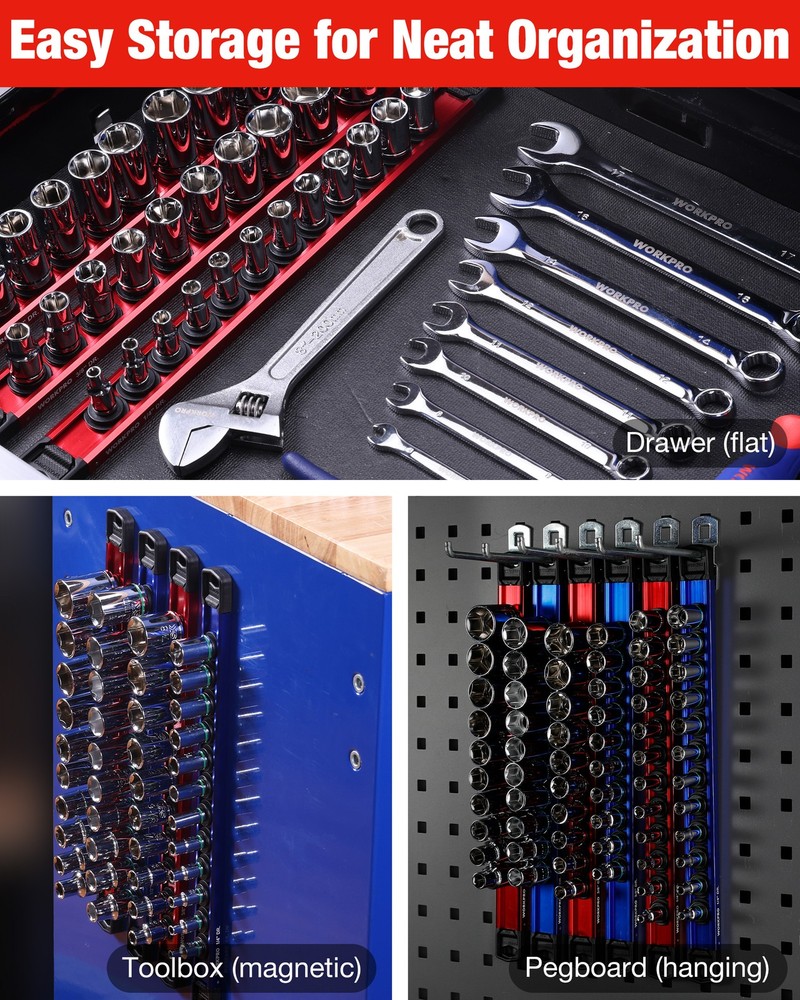 WORKPRO 3/8" Drive Magnetic Socket Organizer with 10Pcs Removable Socket Clips
