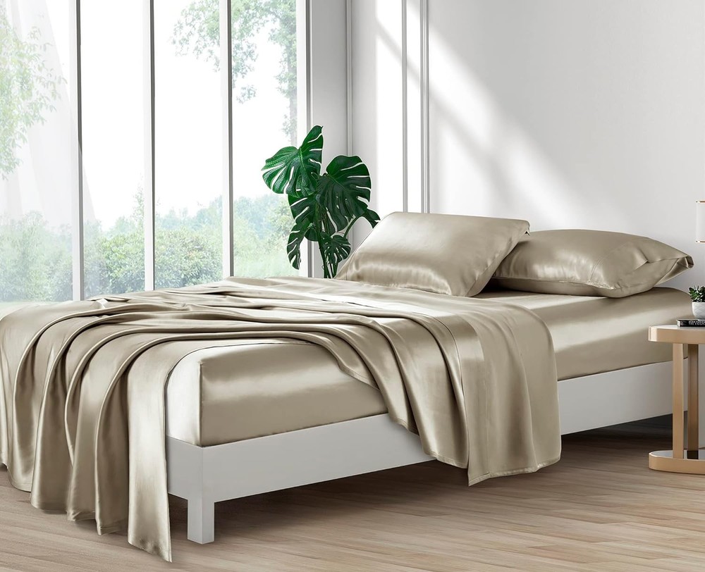 Silk Satin Sheets, Queen Size Deep Pockets, Cooling Soft Hypoallergenic - Taupe