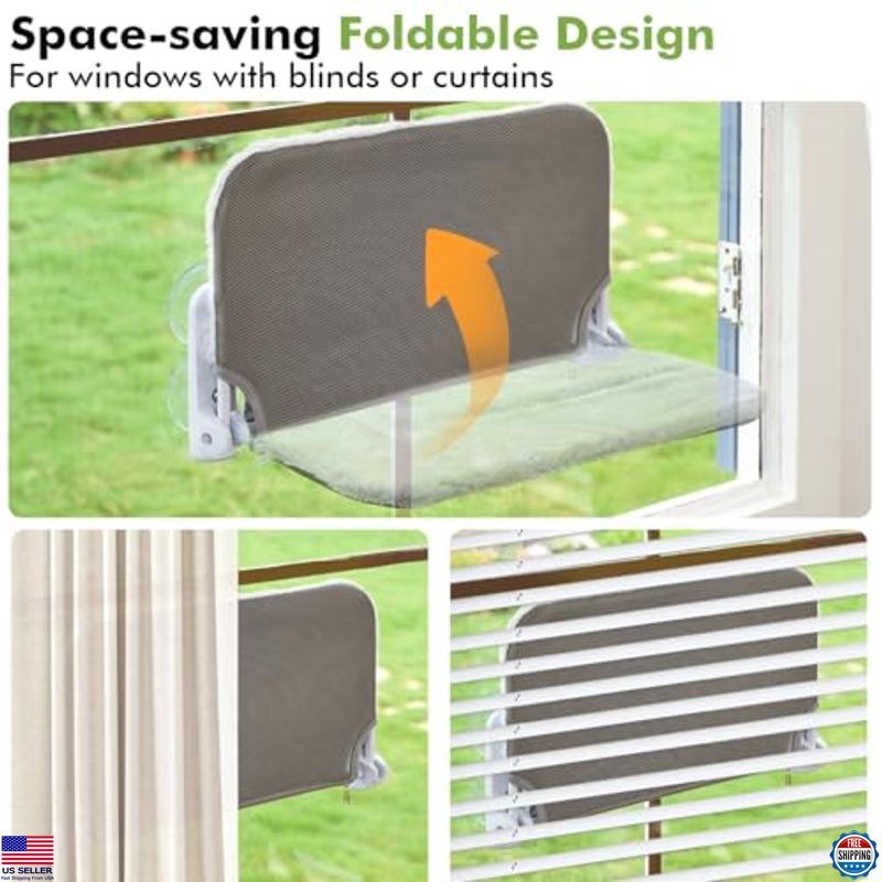 2PC Cat Window Perch Cordless Foldable Cat Hammock Bed for Window with Metal