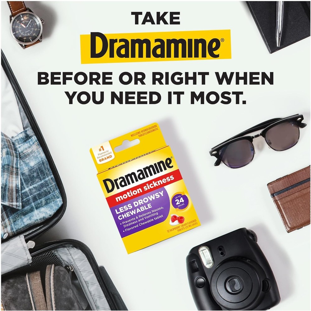 Dramamine Chewable Less Drowsy, Motion Sickness Relief, Raspberry Cream Flavor,