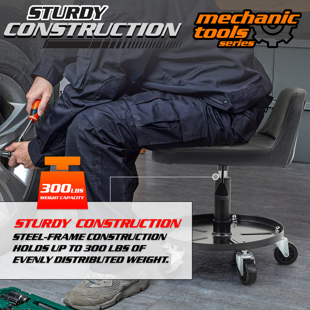 Rolling Work Stool [ADJUSTABLE HEIGHT+TOOL TRAY] Garage Car Repair Creeper Seat