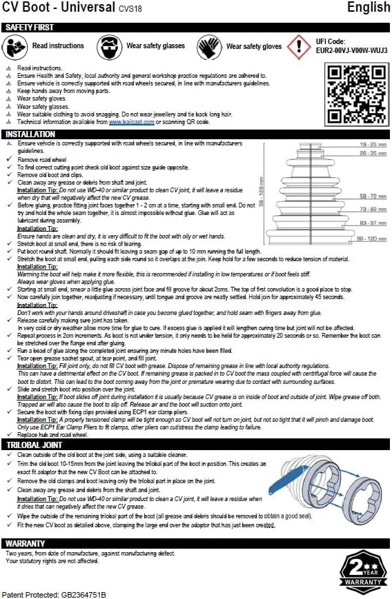 CVS18 Universal Split Constant Velocity Gaiter