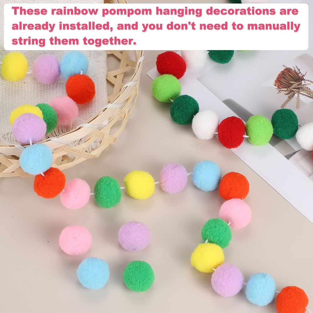 2Pcs 13Ft Pom Pom Garland Decorations, Multicolor